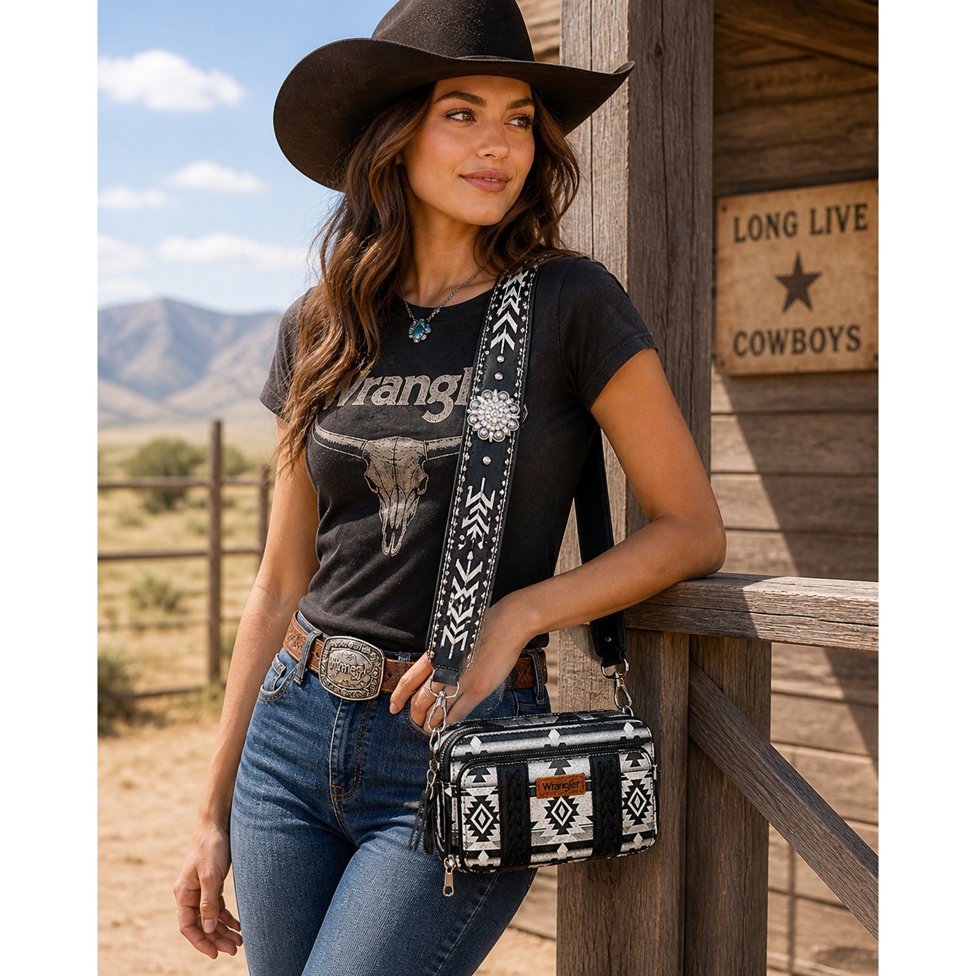 Wrangler Crossbody Bag Women Os Black Aztec Print Studded Wallet Organizer New